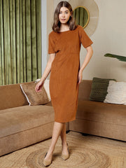 Pencil Fit Printed Midi Dress In Brown Corduroy