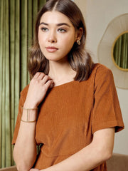 Pencil Fit Printed Midi Dress In Brown Corduroy