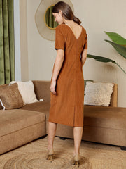 Pencil Fit Printed Midi Dress In Brown Corduroy