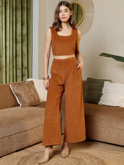 Three Piece Coord Set In Brown Corduroy