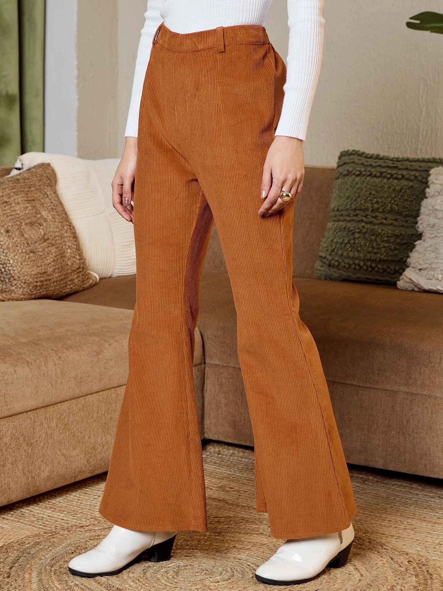 Brown Corduroy Bell Bottom Pants - Women's Pants