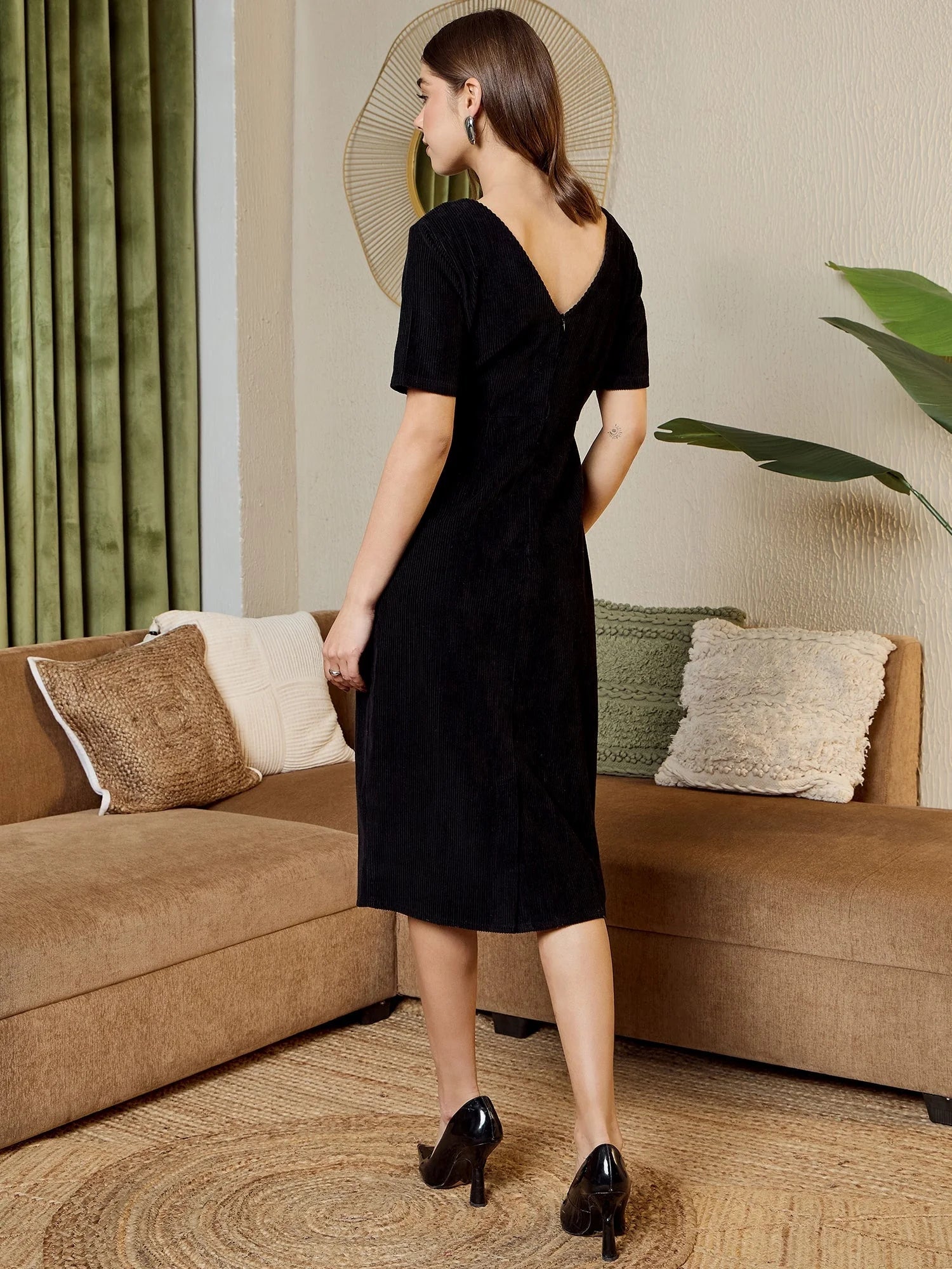 Black Corduroy Printed Midi Dress | Women's Western Wear