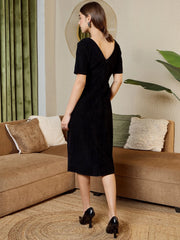 Pencil Fit Printed Midi Dress In Black Corduroy