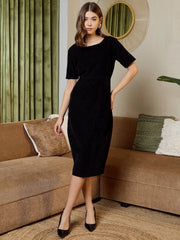 Pencil Fit Printed Midi Dress In Black Corduroy