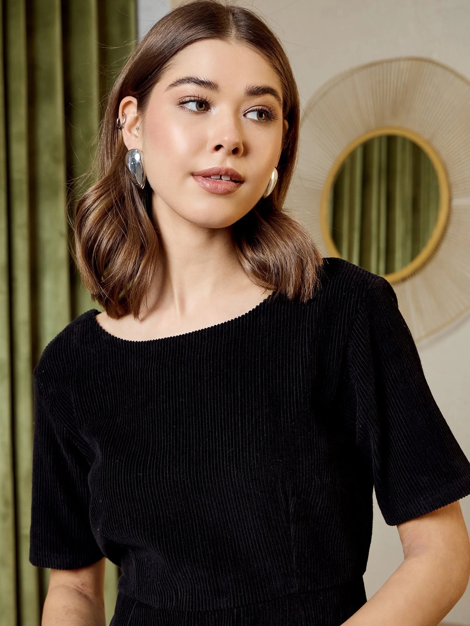 Black Corduroy Printed Midi Dress | Women's Western Wear