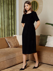 Pencil Fit Printed Midi Dress In Black Corduroy