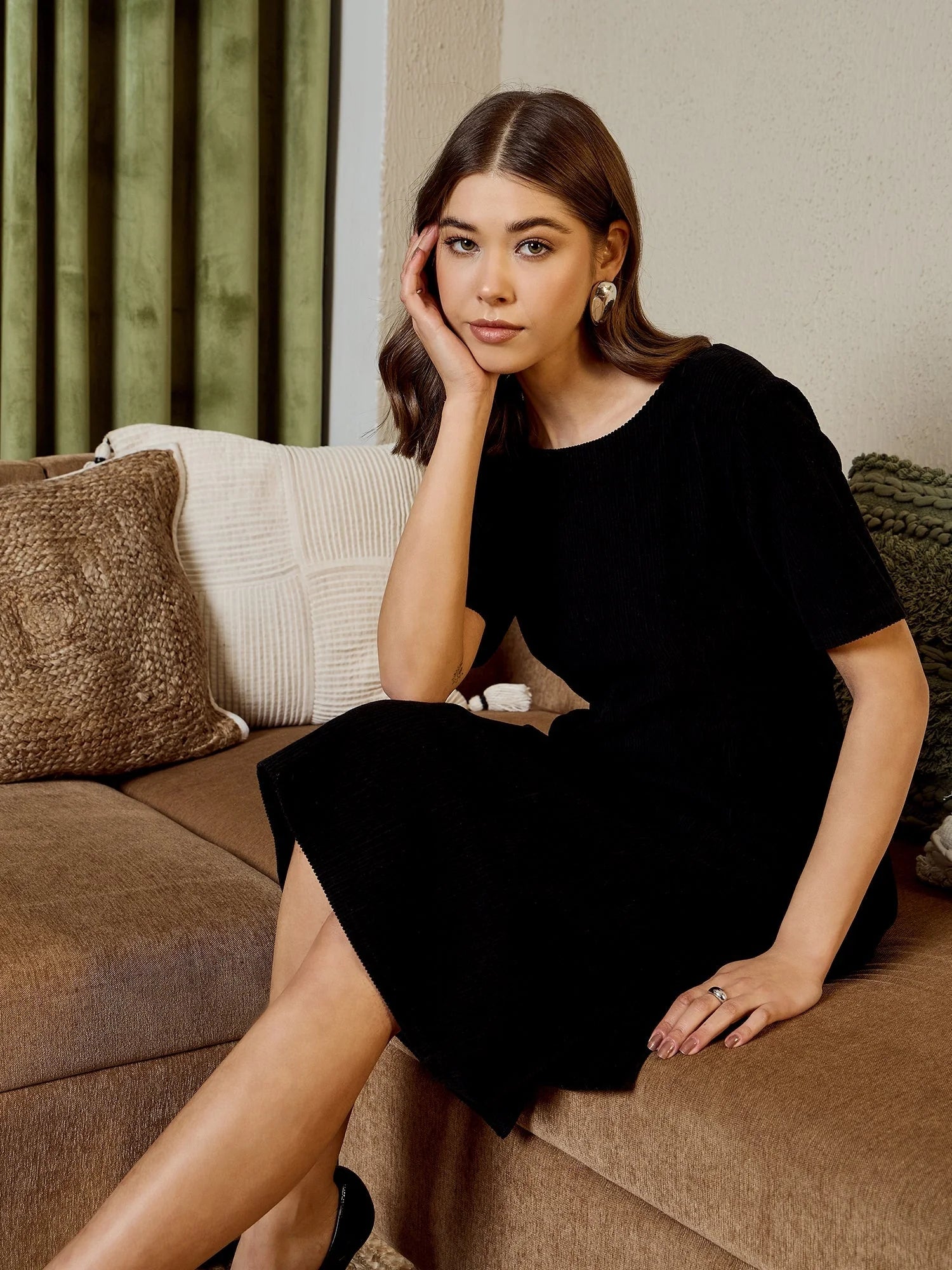 Black Corduroy Printed Midi Dress | Women's Western Wear