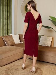 Pencil Fit Printed Midi Dress In Burgundy Corduroy