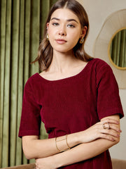 Pencil Fit Printed Midi Dress In Burgundy Corduroy