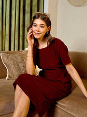 Pencil Fit Printed Midi Dress In Burgundy Corduroy