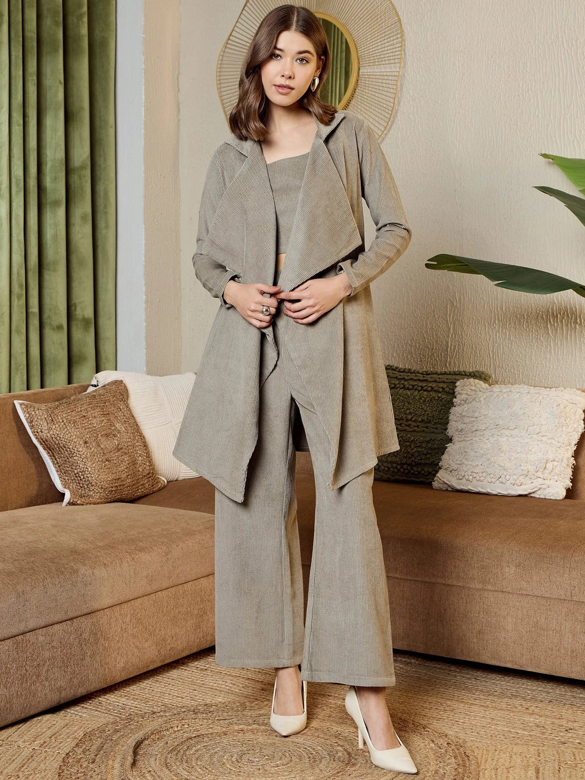 Three Piece Coord Set In Grey Corduroy