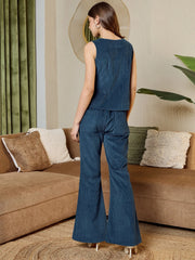 Waist Coat And Bell Bottom Pants In Blue Corduroy