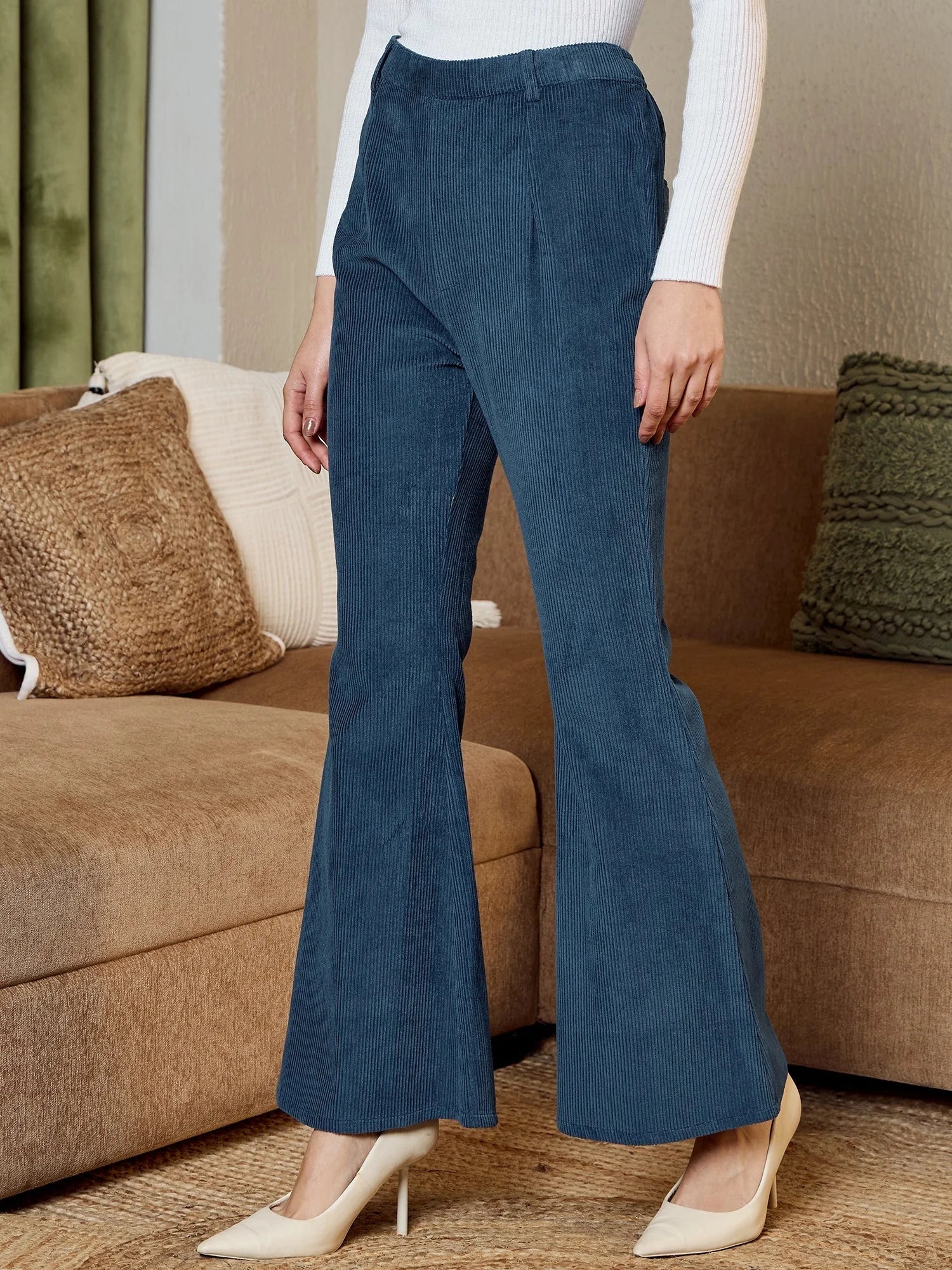 Blue Corduroy Bell Bottom Pants - Women's Fashion