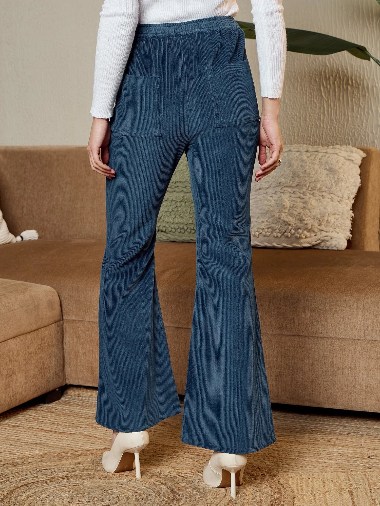 Blue Corduroy Bell Bottom Pants - Women's Fashion
