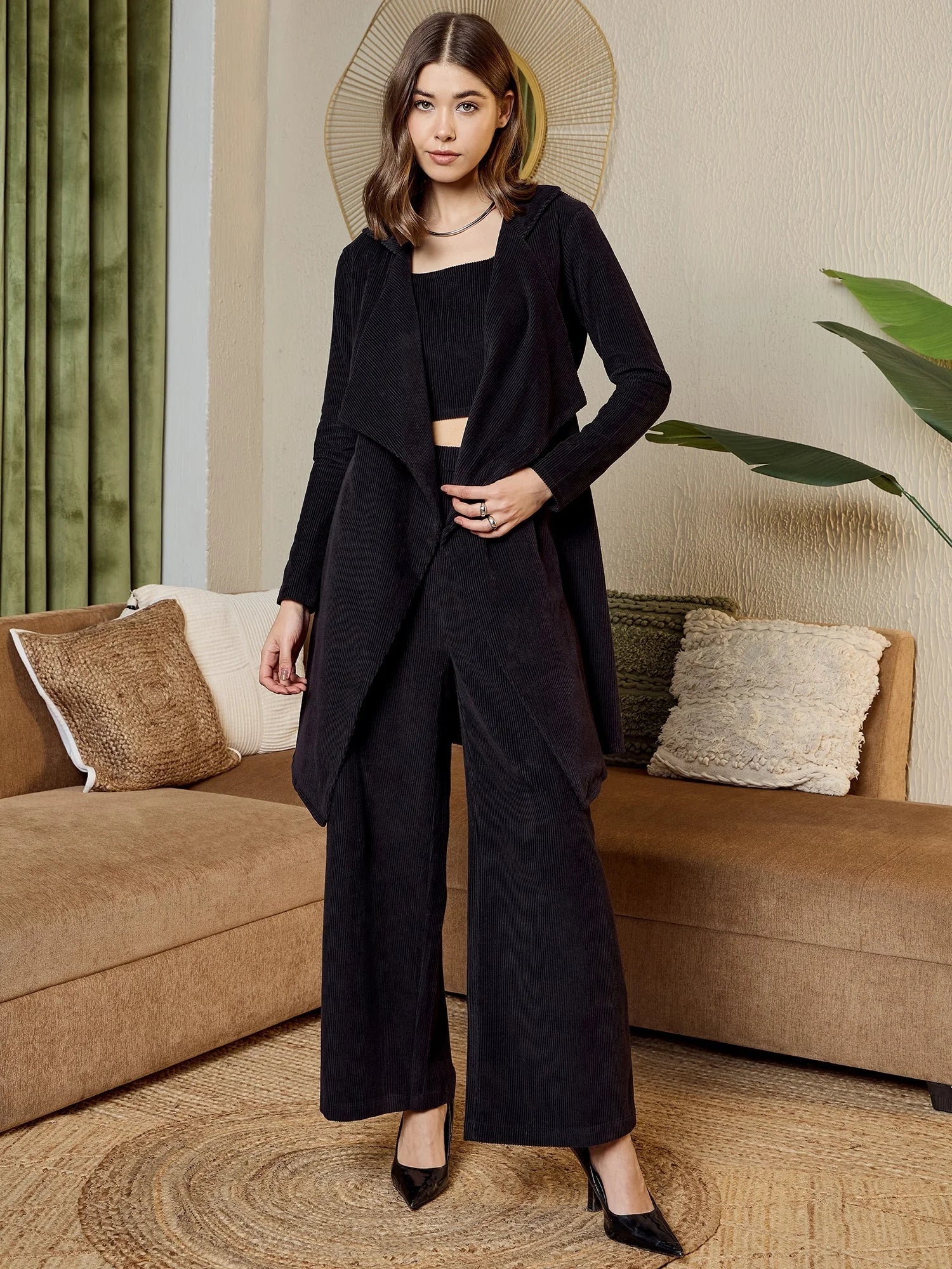 Black Corduroy Three Piece Coord Set - Western Outfits for Women