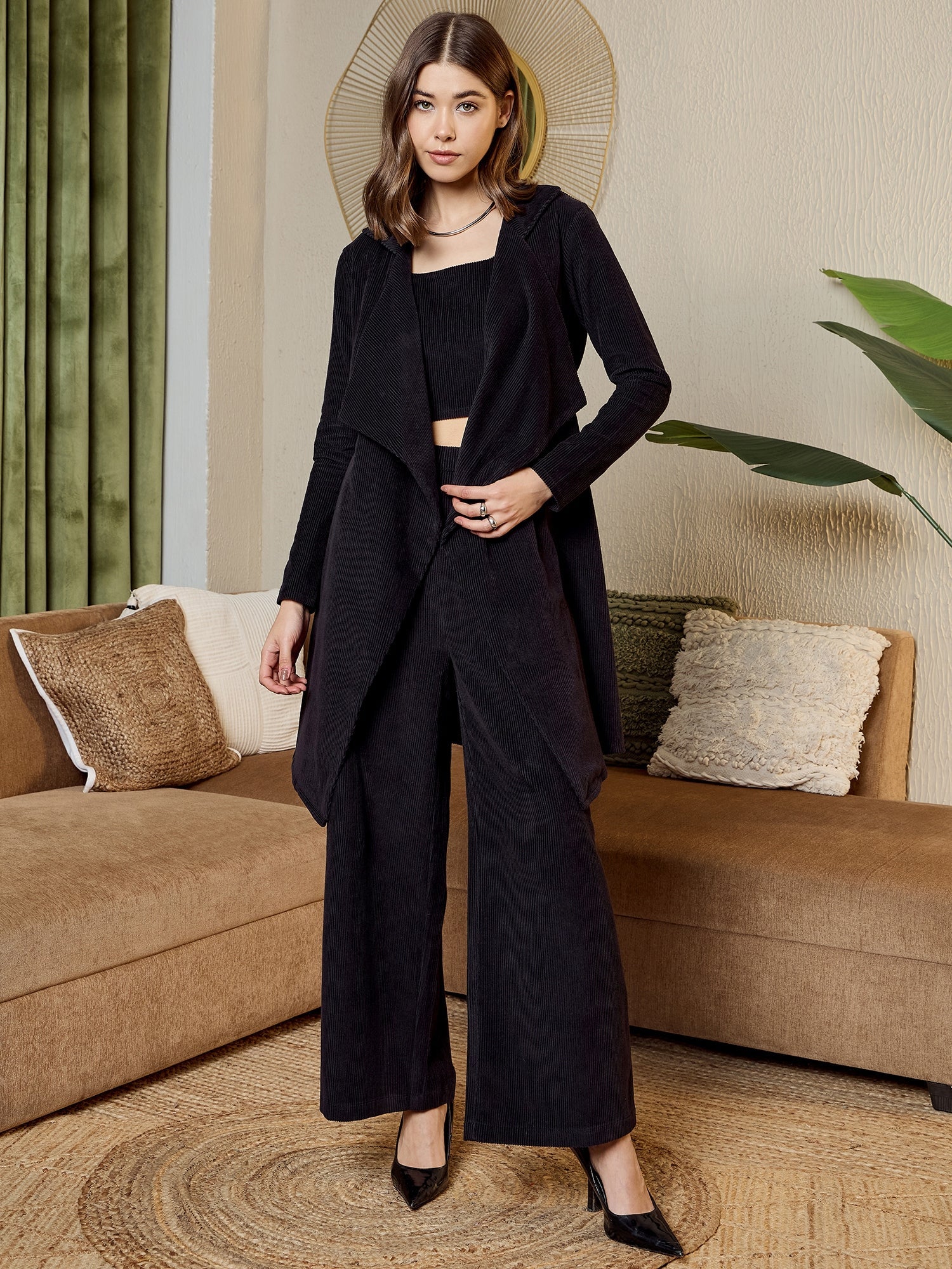 Black Corduroy Three Piece Coord Set - Western Outfits for Women