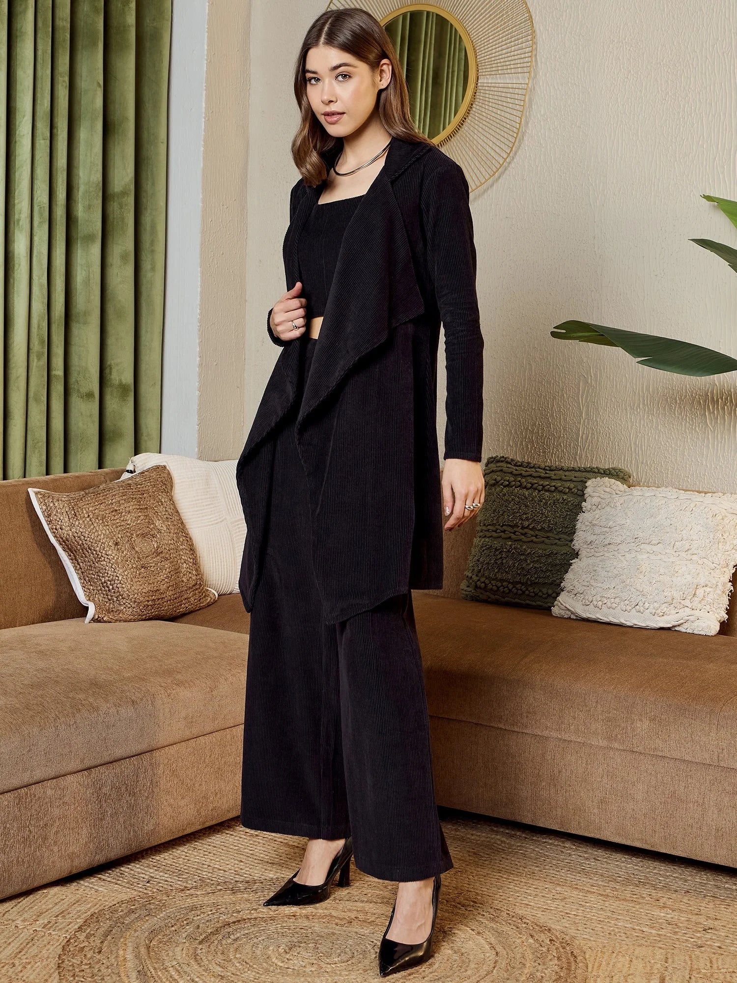 Black Corduroy Three Piece Coord Set - Western Outfits for Women