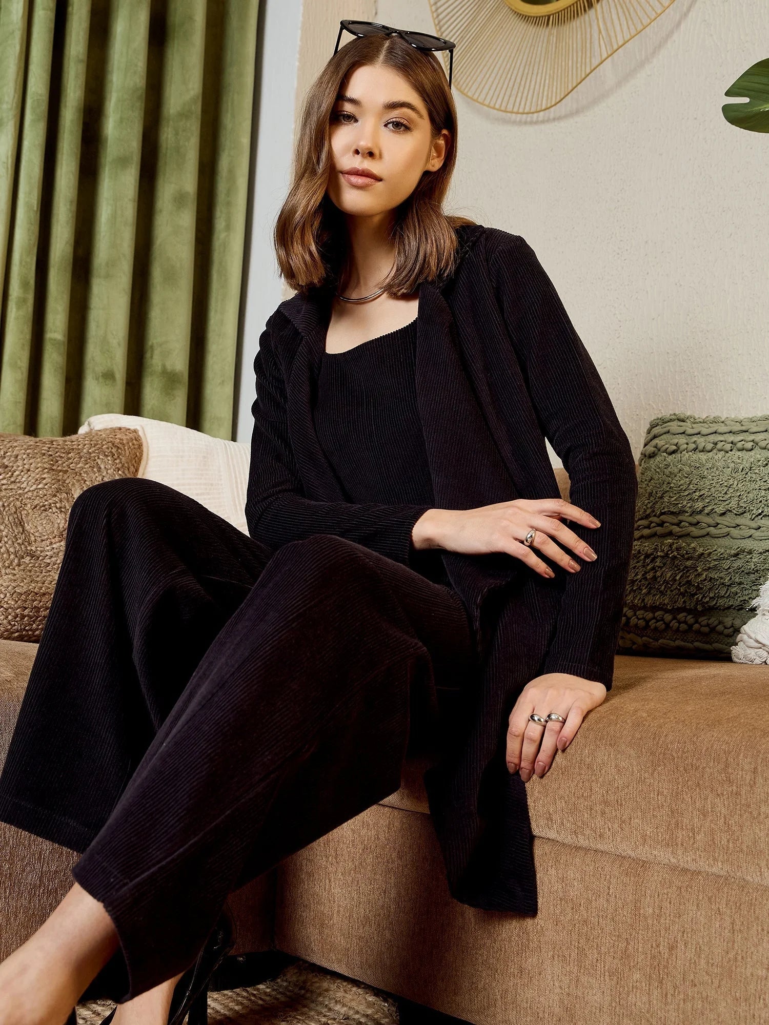 Black Corduroy Three Piece Coord Set - Western Outfits for Women