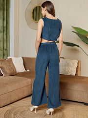 Three Piece Coord Set In Blue Corduroy