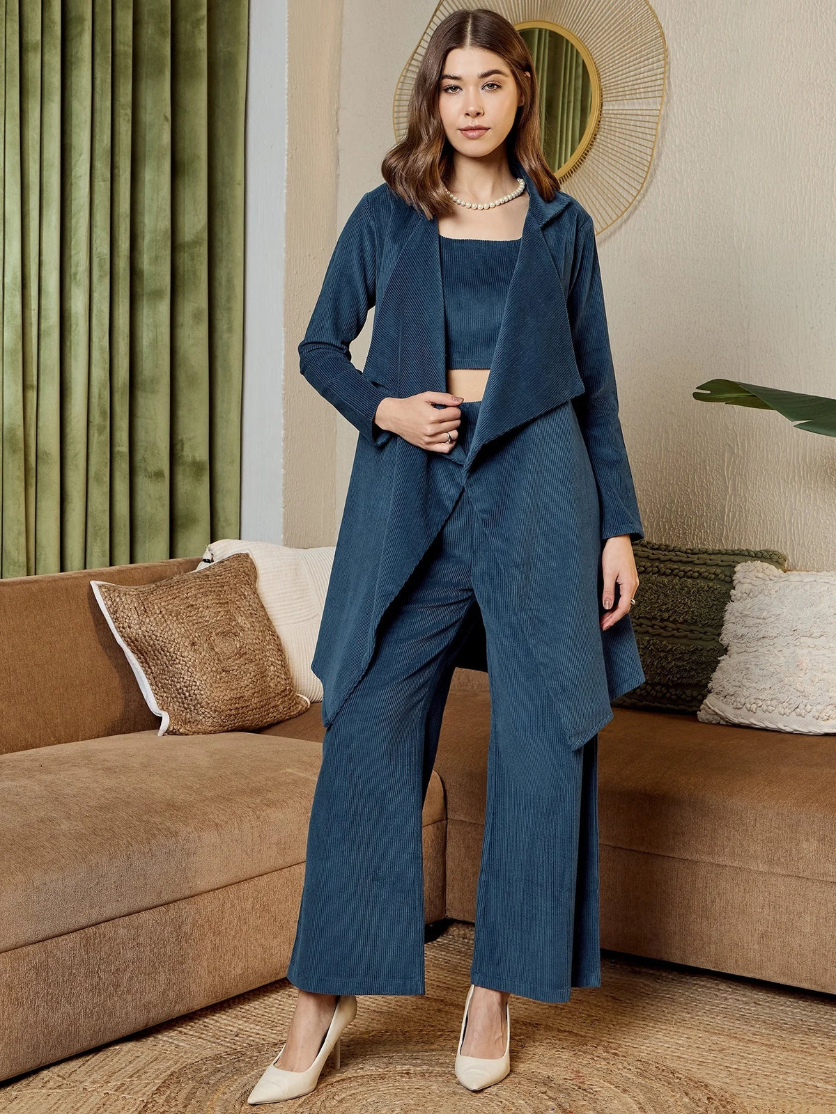 Three Piece Coord Set In Blue Corduroy