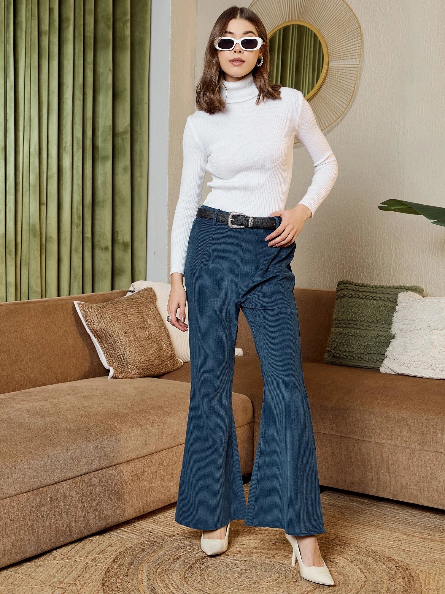 Blue Corduroy Bell Bottom Pants - Women's Fashion