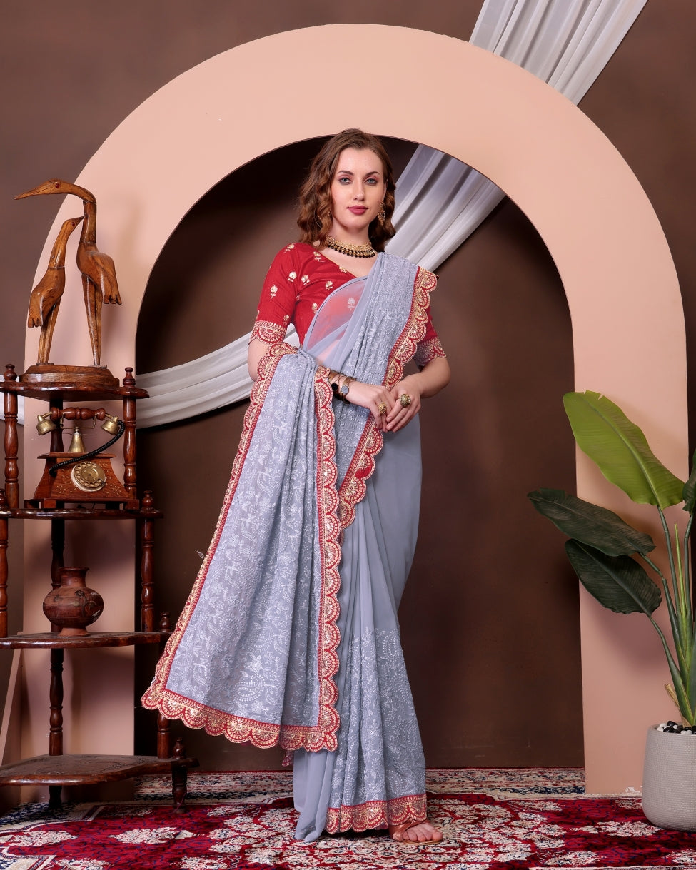 Georgette Saree for Women - Grey | MLWSHSA9068GRY | DesiQlo