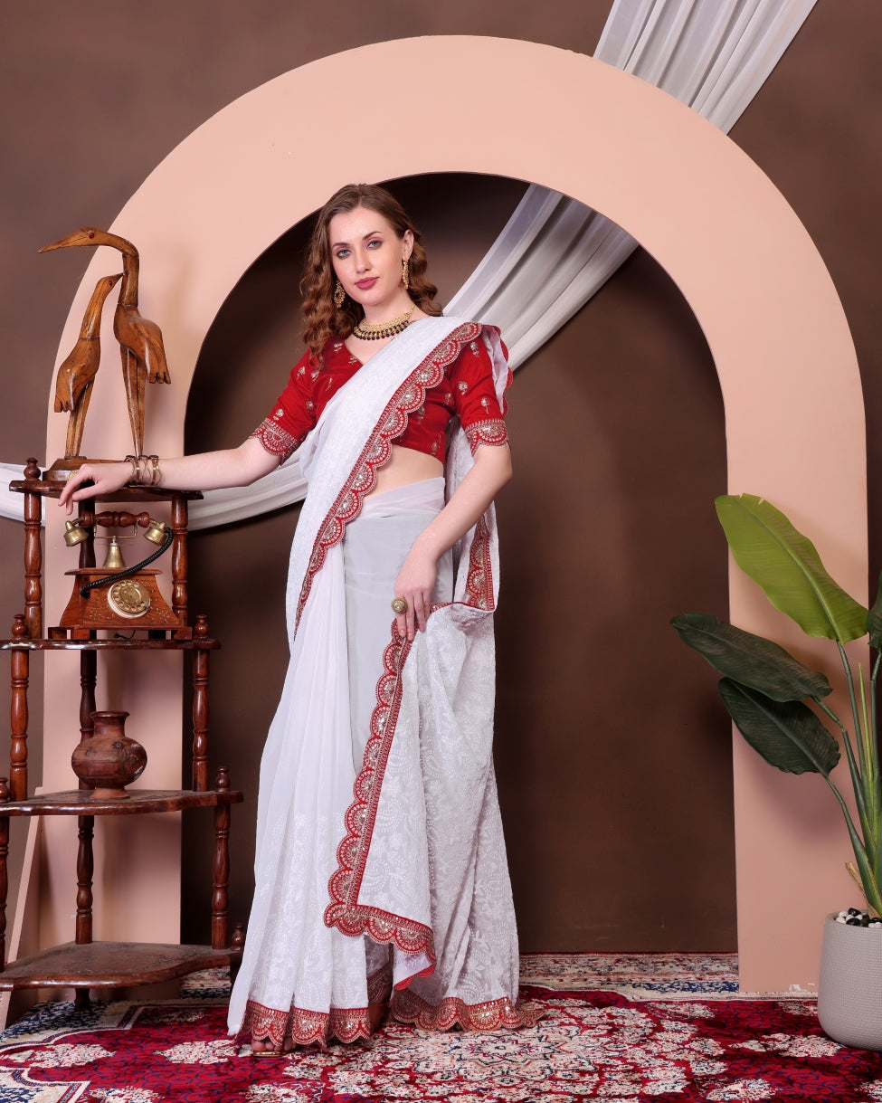 Georgette Saree for Women - White | MLWSHSA9070WHT