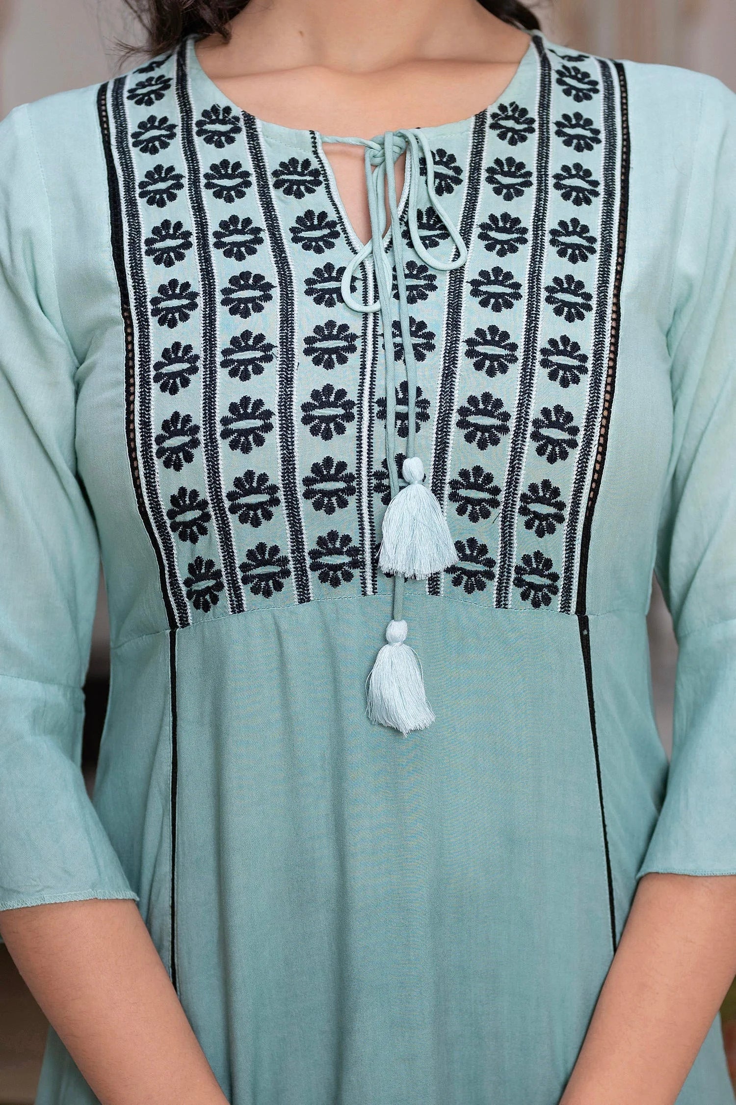 Sage Green Ombre Tunic Top: Embroidered Indian Kurti for Women