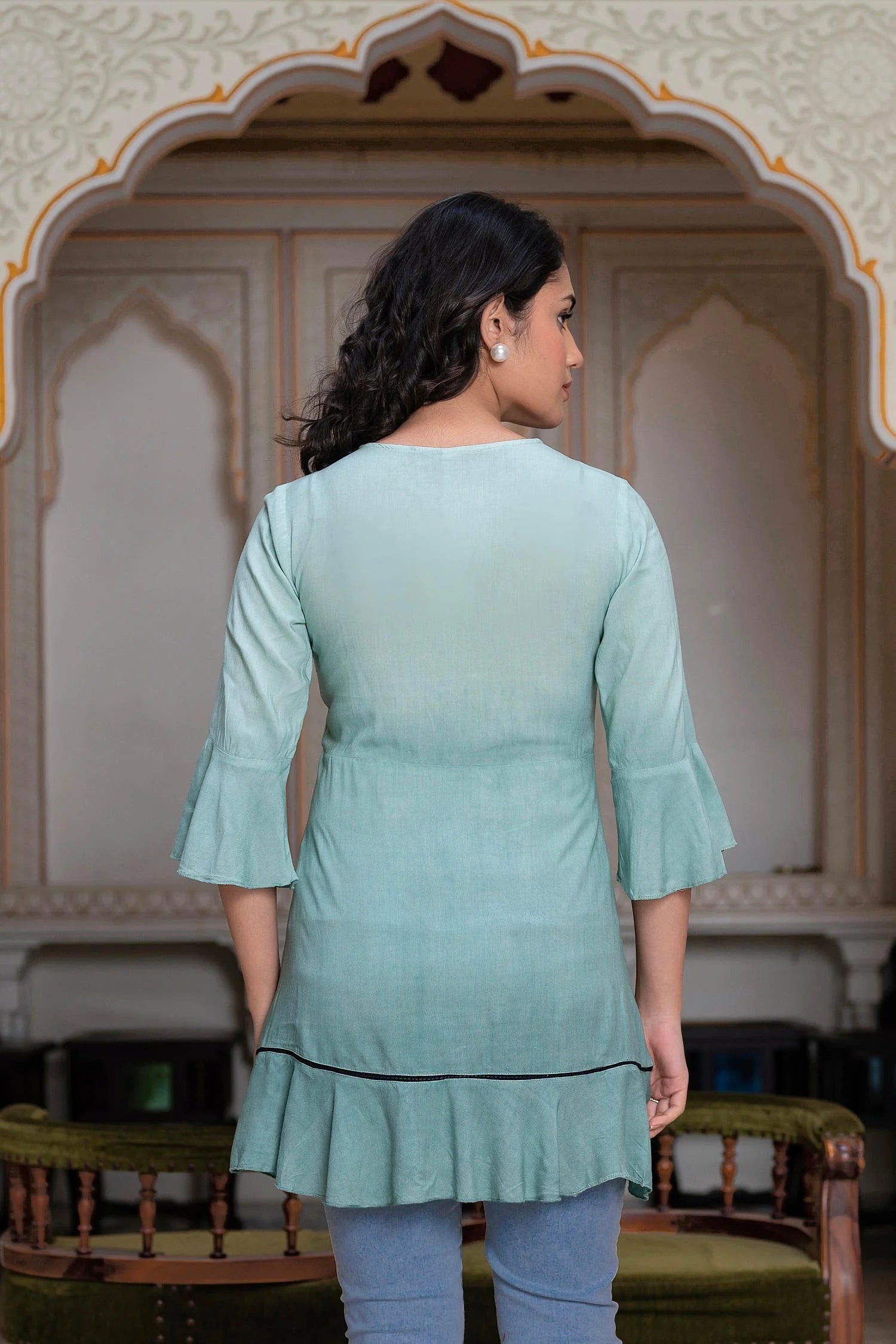 Sage Green Ombre Tunic Top: Embroidered Indian Kurti for Women