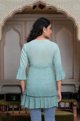 Sage Green Rayon Ombre A-Line Tunic With Embroidered Yoke-3129SAGEGREEN