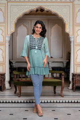 Sage Green Rayon Ombre A-Line Tunic With Embroidered Yoke-3129SAGEGREEN
