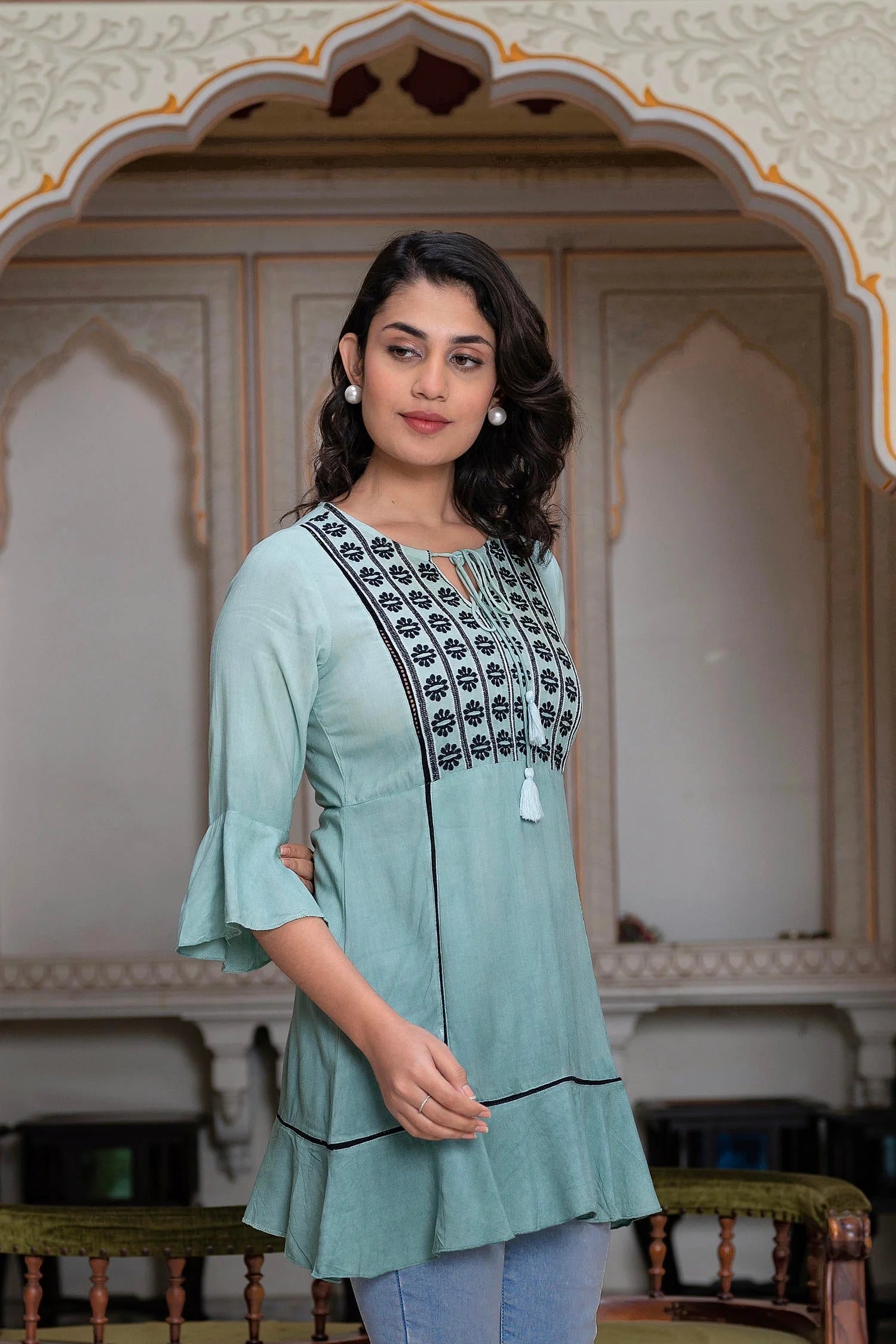 Sage Green Ombre Tunic Top: Embroidered Indian Kurti for Women