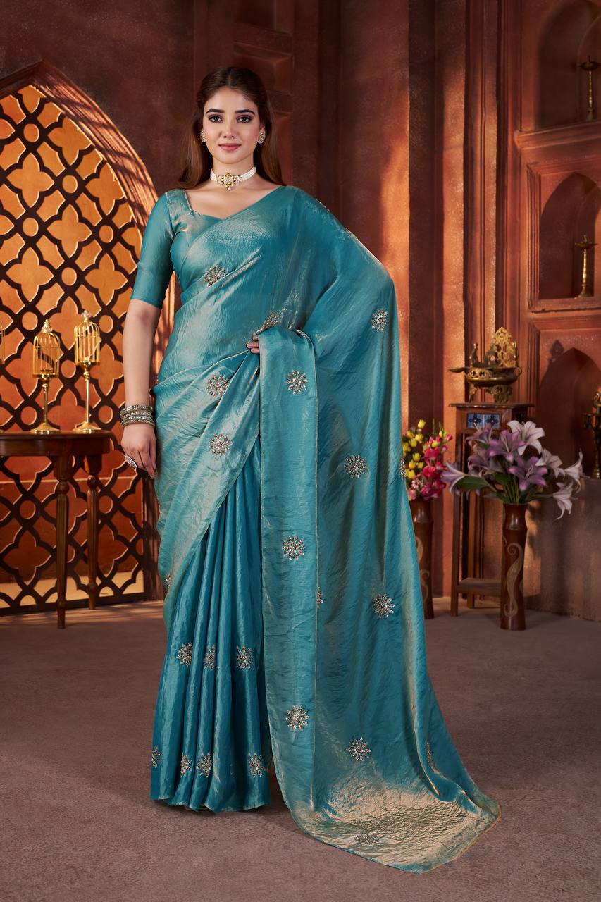 Satin Saree for Women - Blue | MLWSHSA9073BLU | DesiQlo