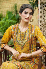 Juniper Mustard Chanderi Festive Printed Flared Kurta For Women
