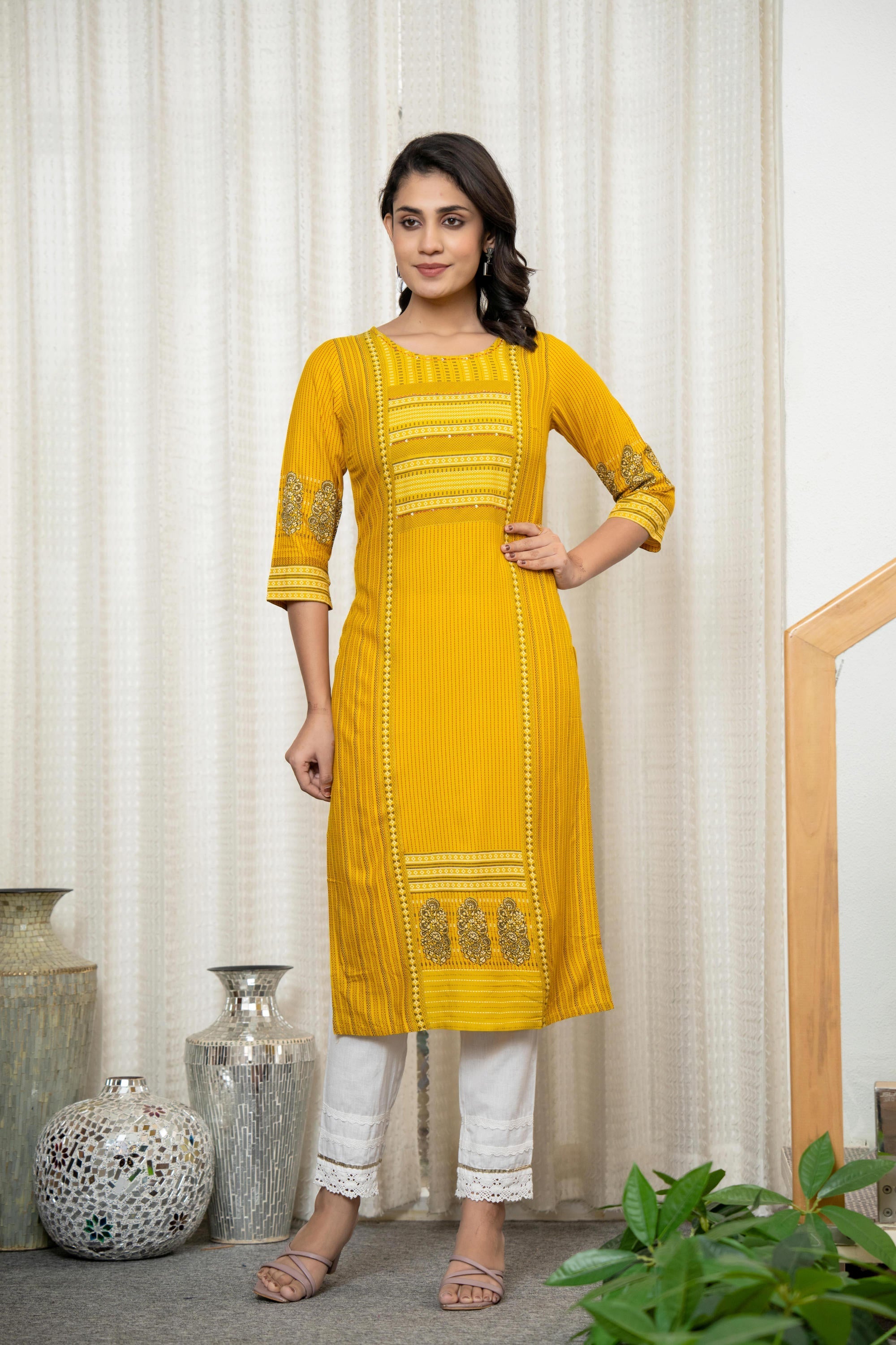 Mustard Ethnic Motif Printed Liva Rayon Kurta With Sequins & Thread Wo