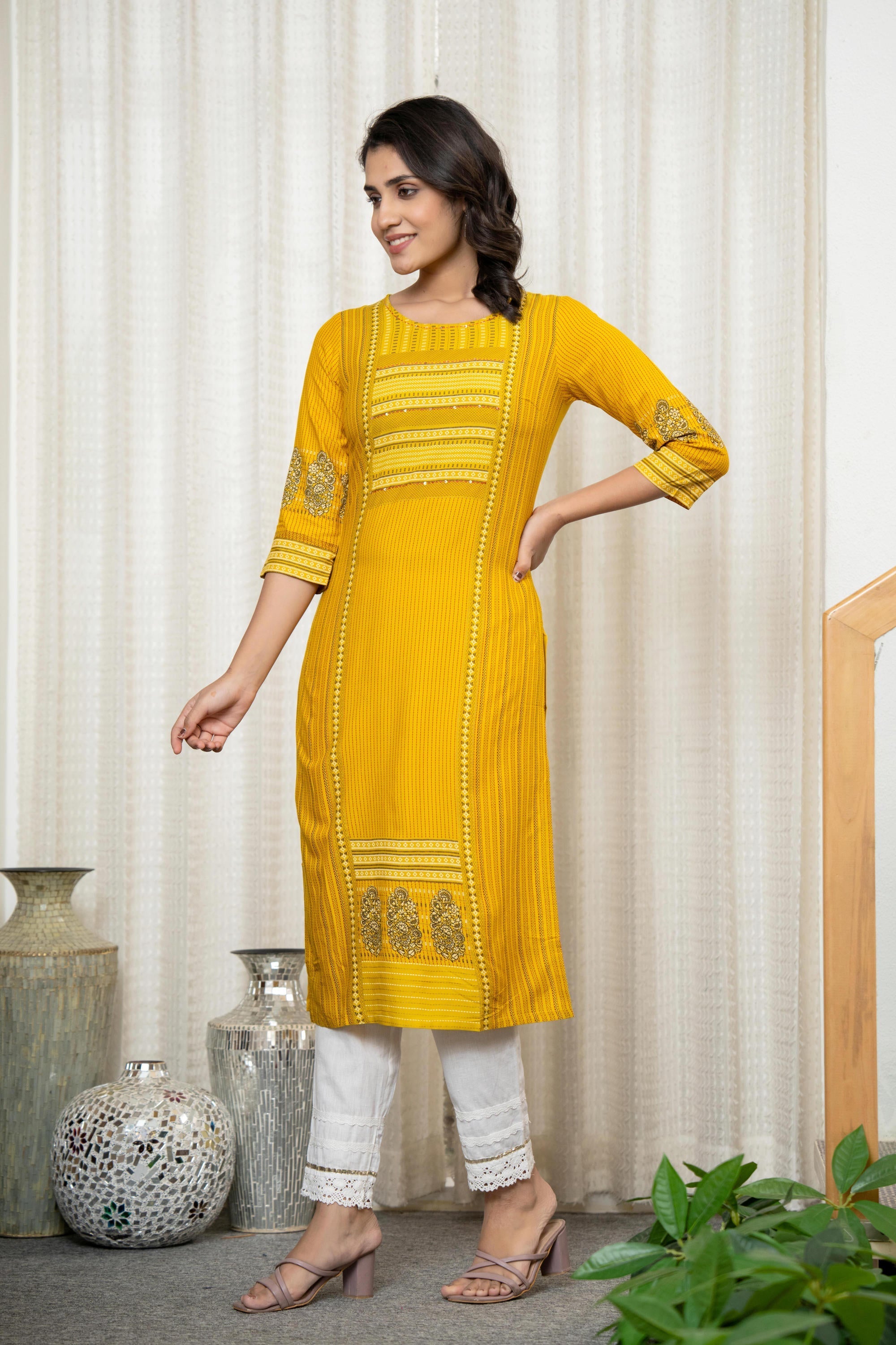Mustard Ethnic Motif Printed Liva Rayon Kurta With Sequins & Thread Wo