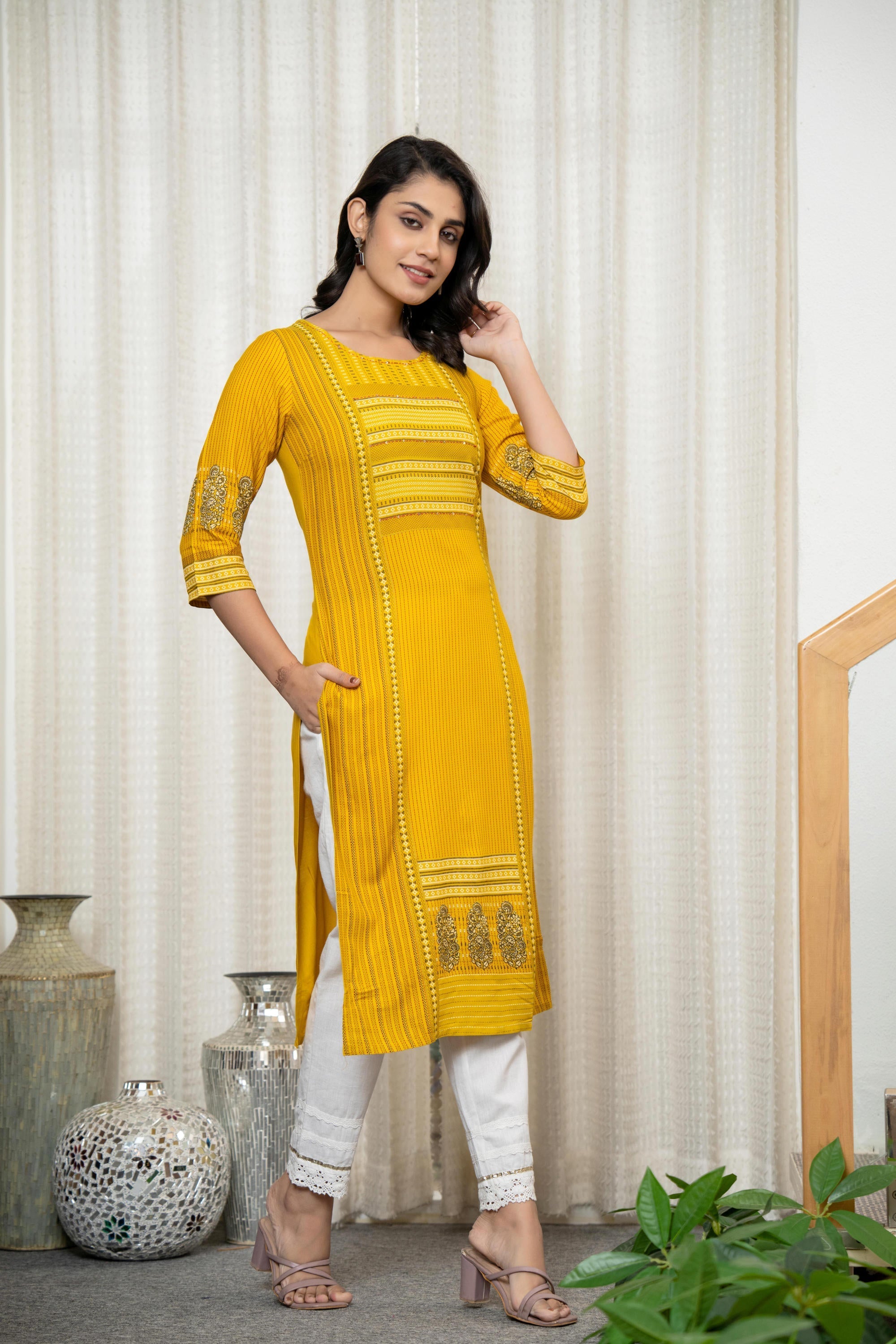 Mustard Ethnic Motif Printed Liva Rayon Kurta With Sequins & Thread Wo