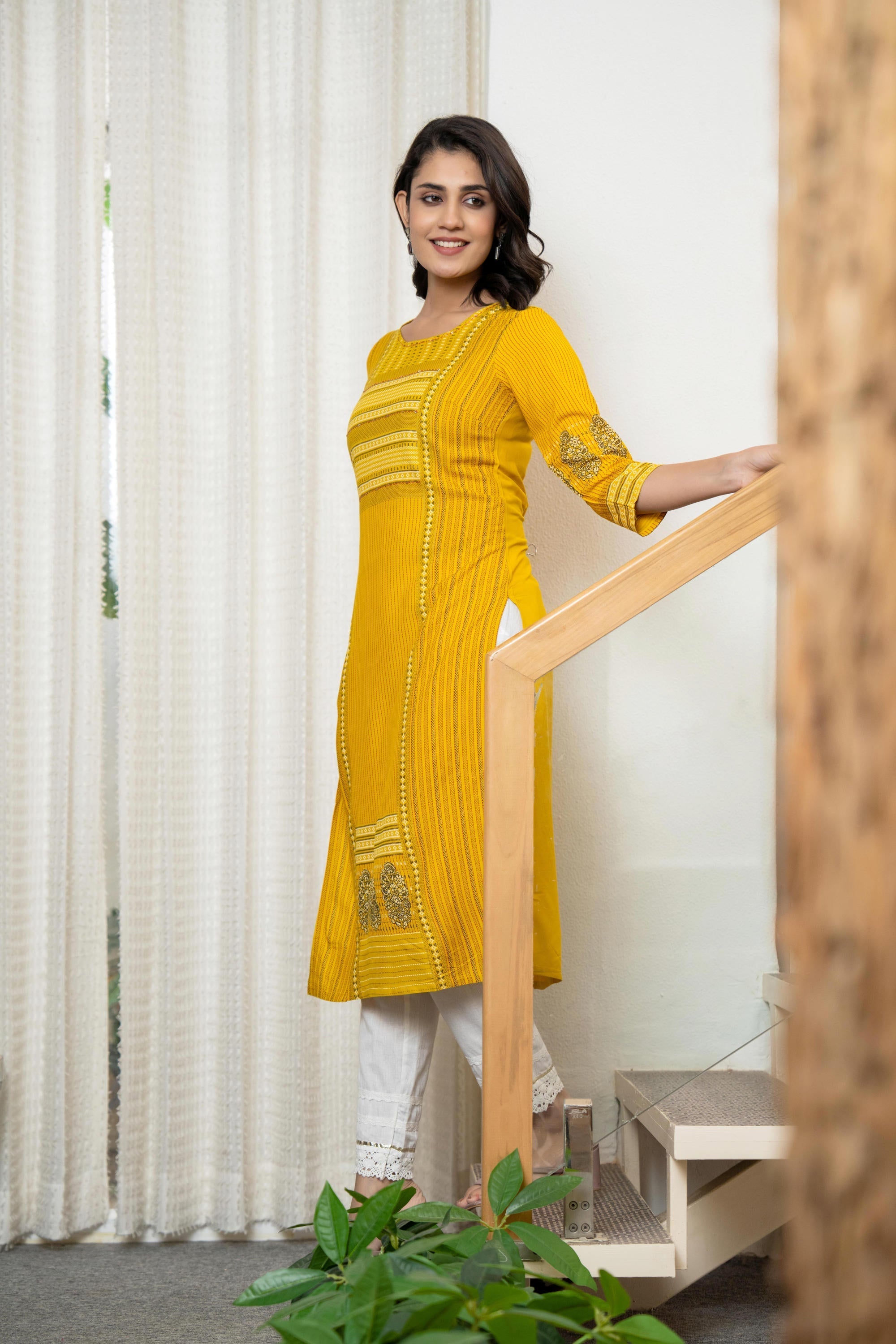 Mustard Ethnic Motif Printed Liva Rayon Kurta With Sequins & Thread Wo