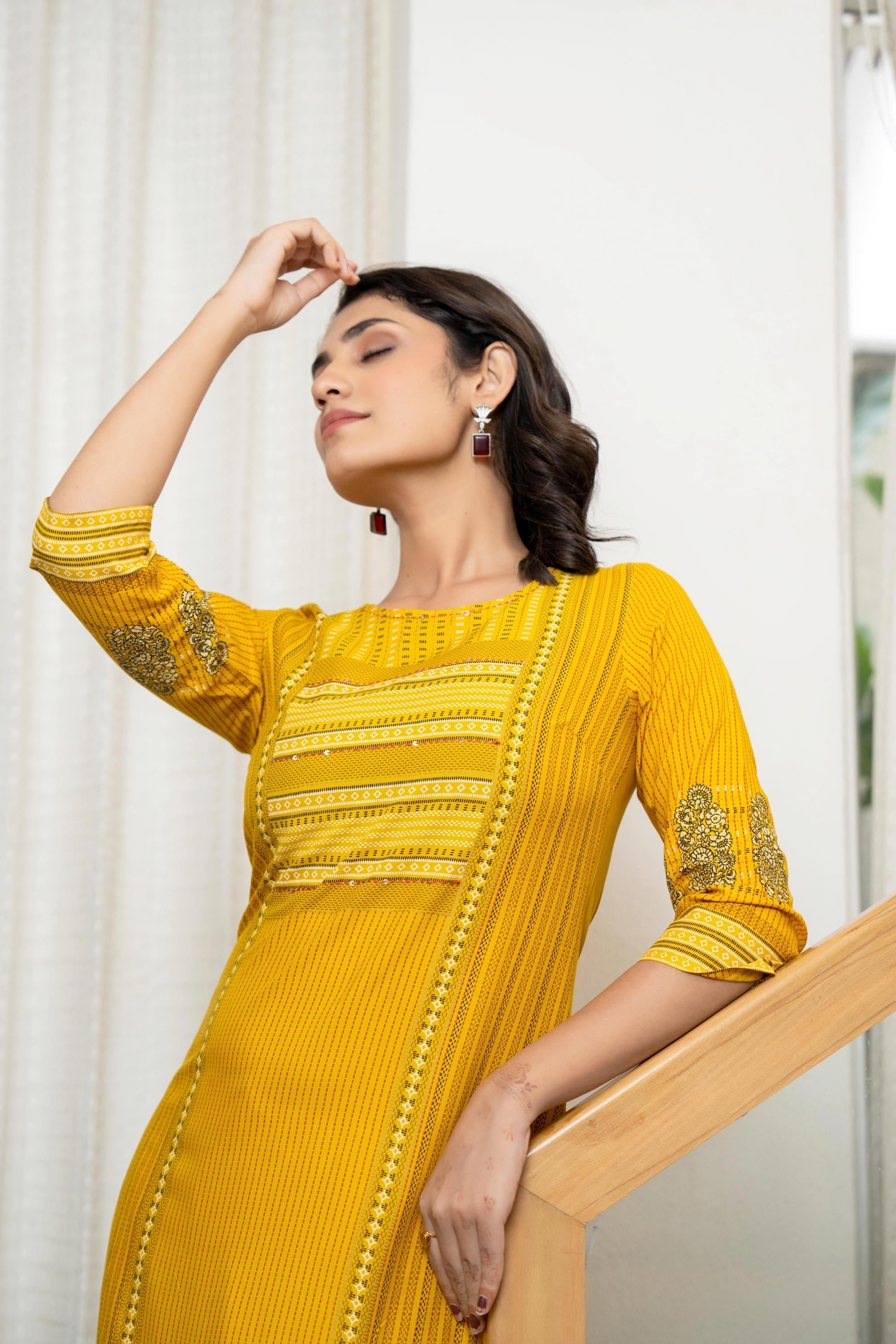 Mustard Ethnic Motif Printed Liva Rayon Kurta With Sequins & Thread Wo