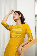 Mustard Ethnic Motif Printed Liva Rayon Kurta With Sequins & Thread Work