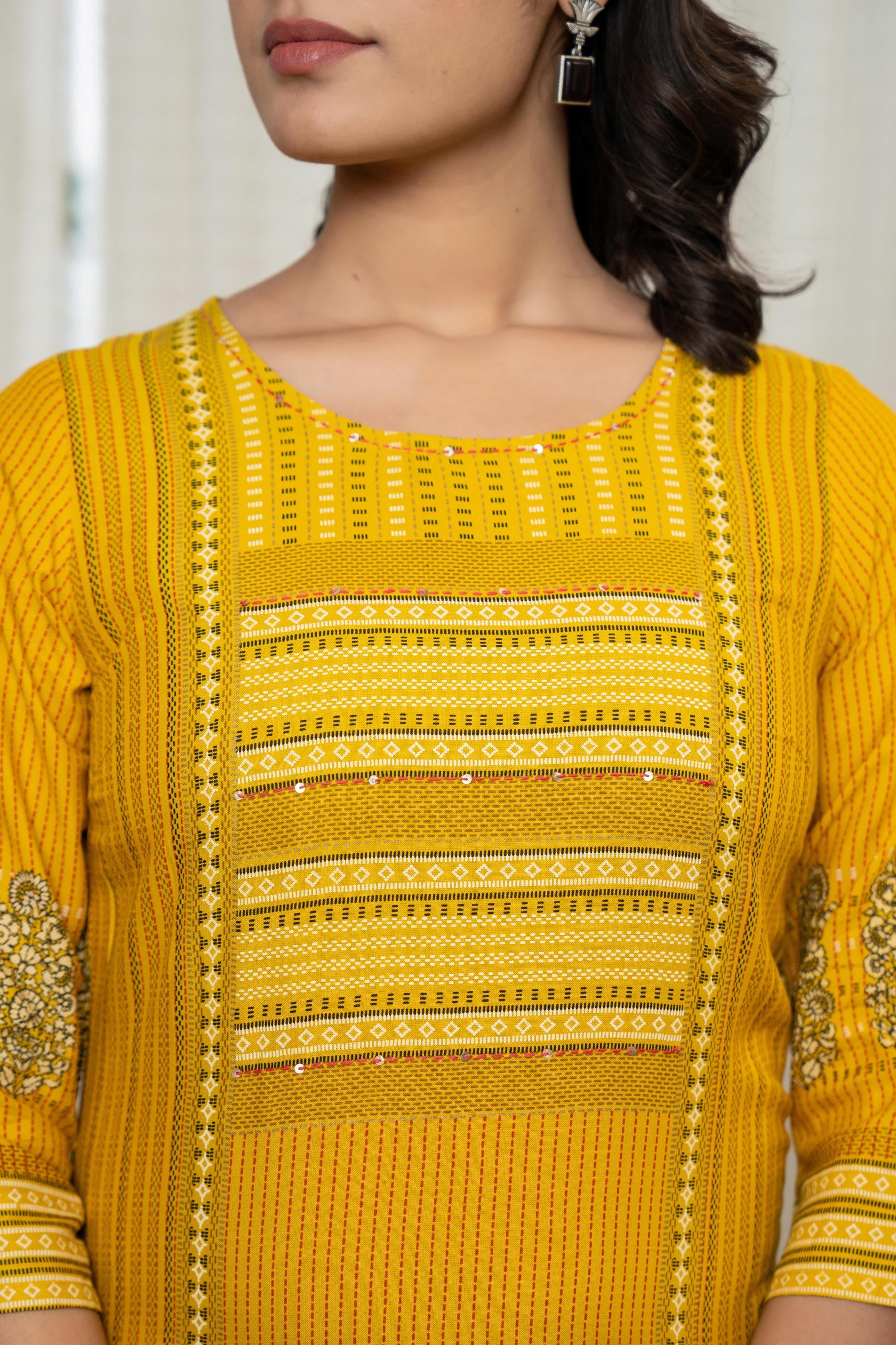 Mustard Ethnic Motif Printed Liva Rayon Kurta With Sequins & Thread Wo