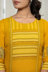 Mustard Ethnic Motif Printed Liva Rayon Kurta With Sequins & Thread Work
