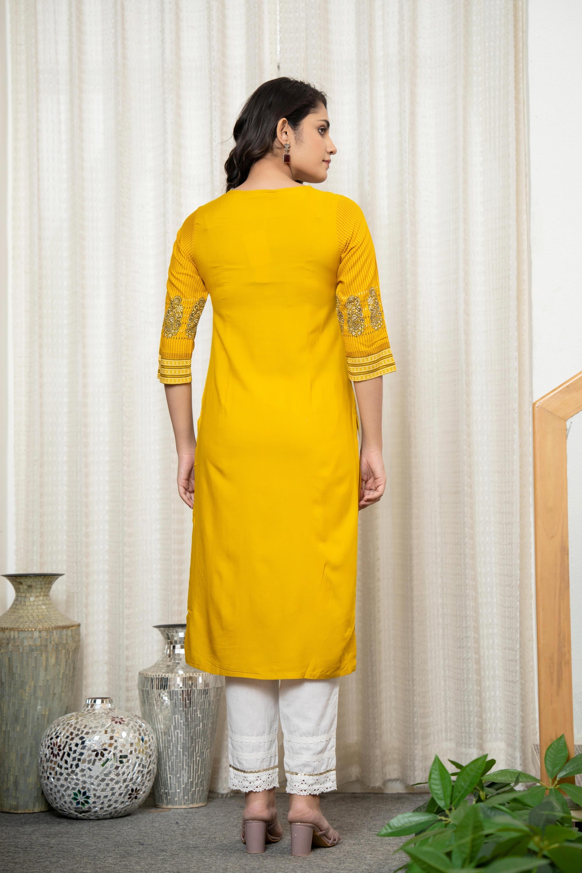 Mustard Ethnic Motif Printed Liva Rayon Kurta With Sequins & Thread Wo