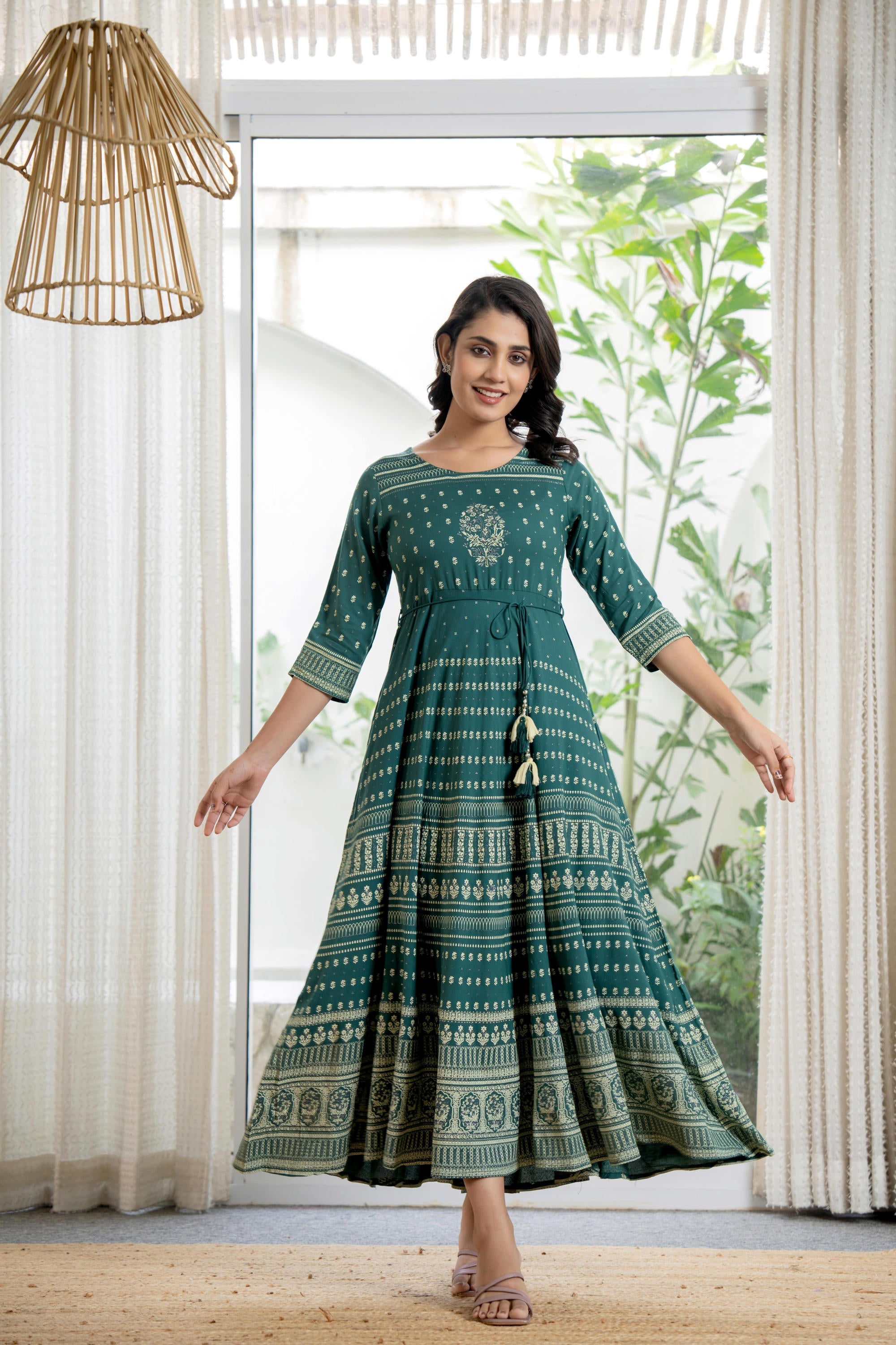 Green Ethnic Motif Printed Liva RayonDress With Sequins & Beads | Desi