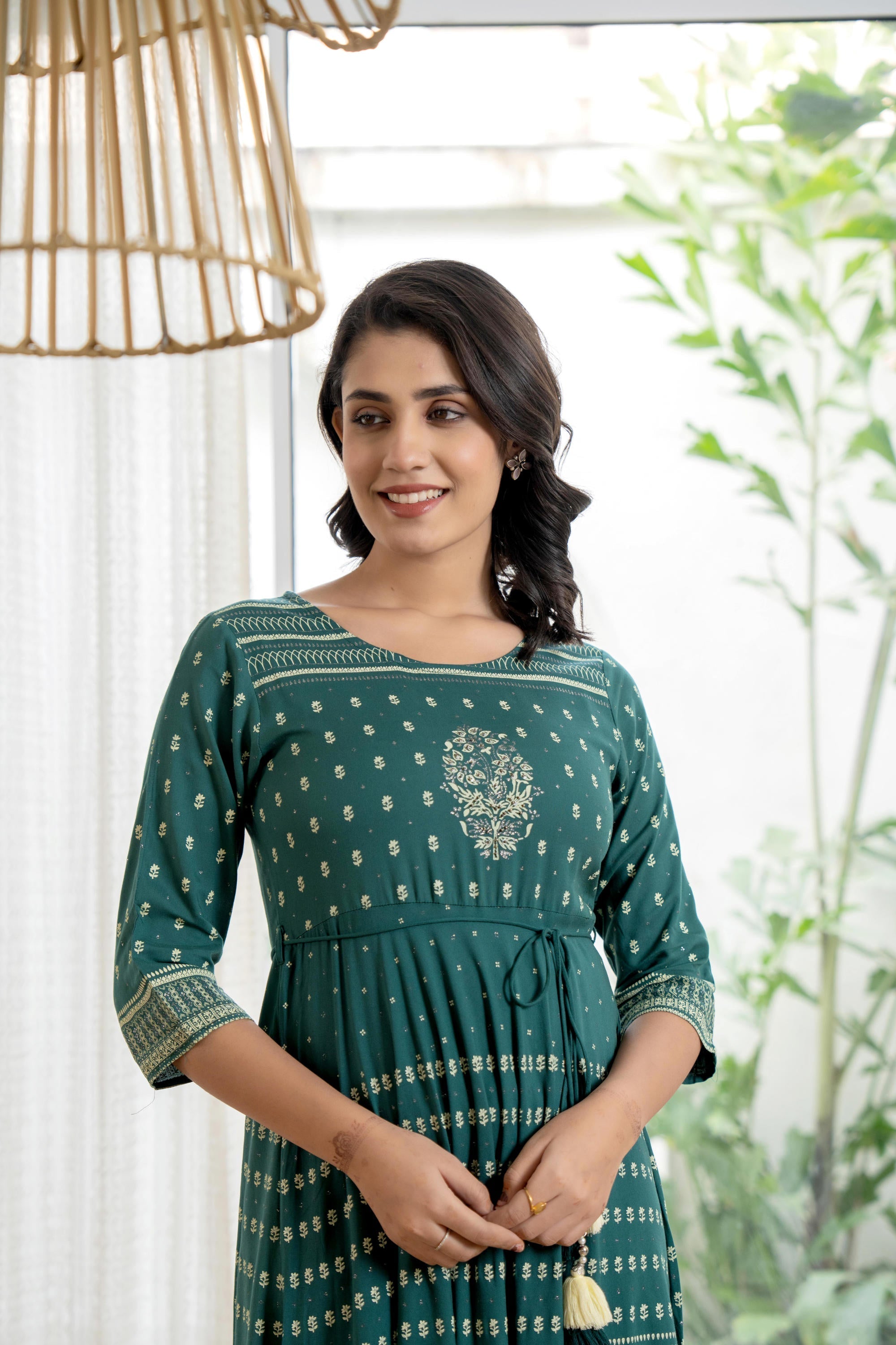 Green Ethnic Motif Printed Liva RayonDress With Sequins & Beads | Desi