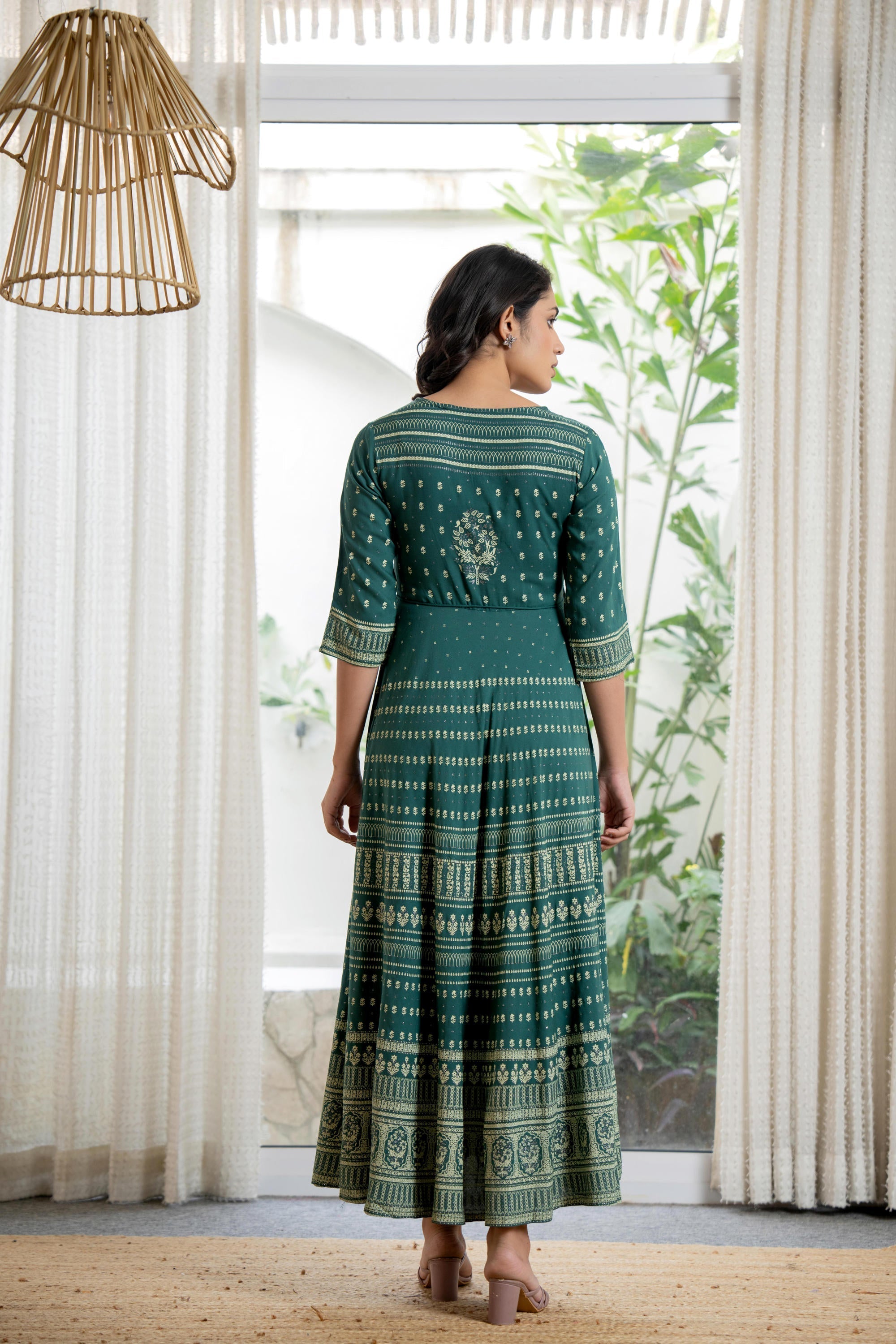 Green Ethnic Motif Printed Liva RayonDress With Sequins & Beads | Desi