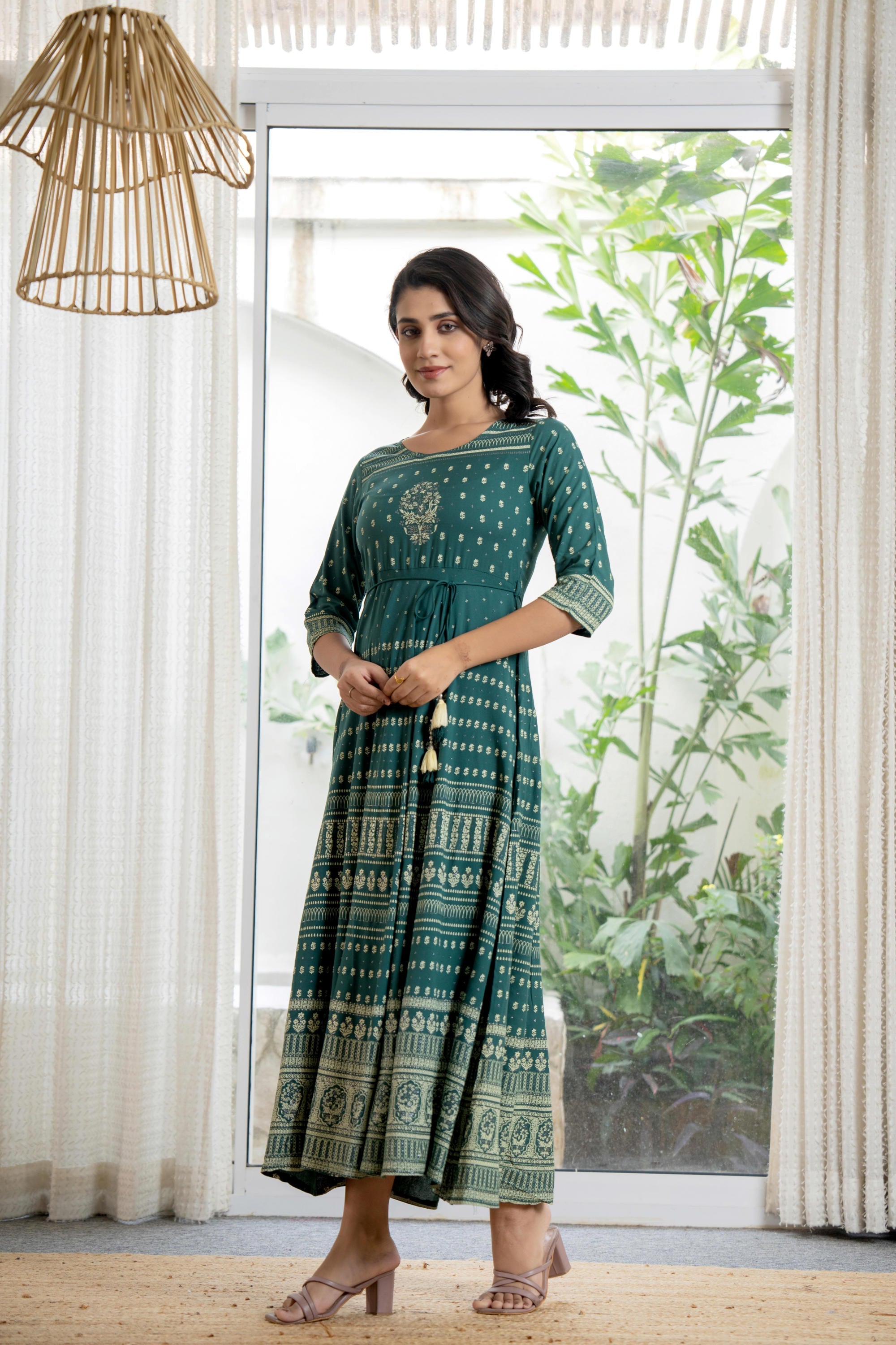 Green Ethnic Motif Printed Liva RayonDress With Sequins & Beads | Desi