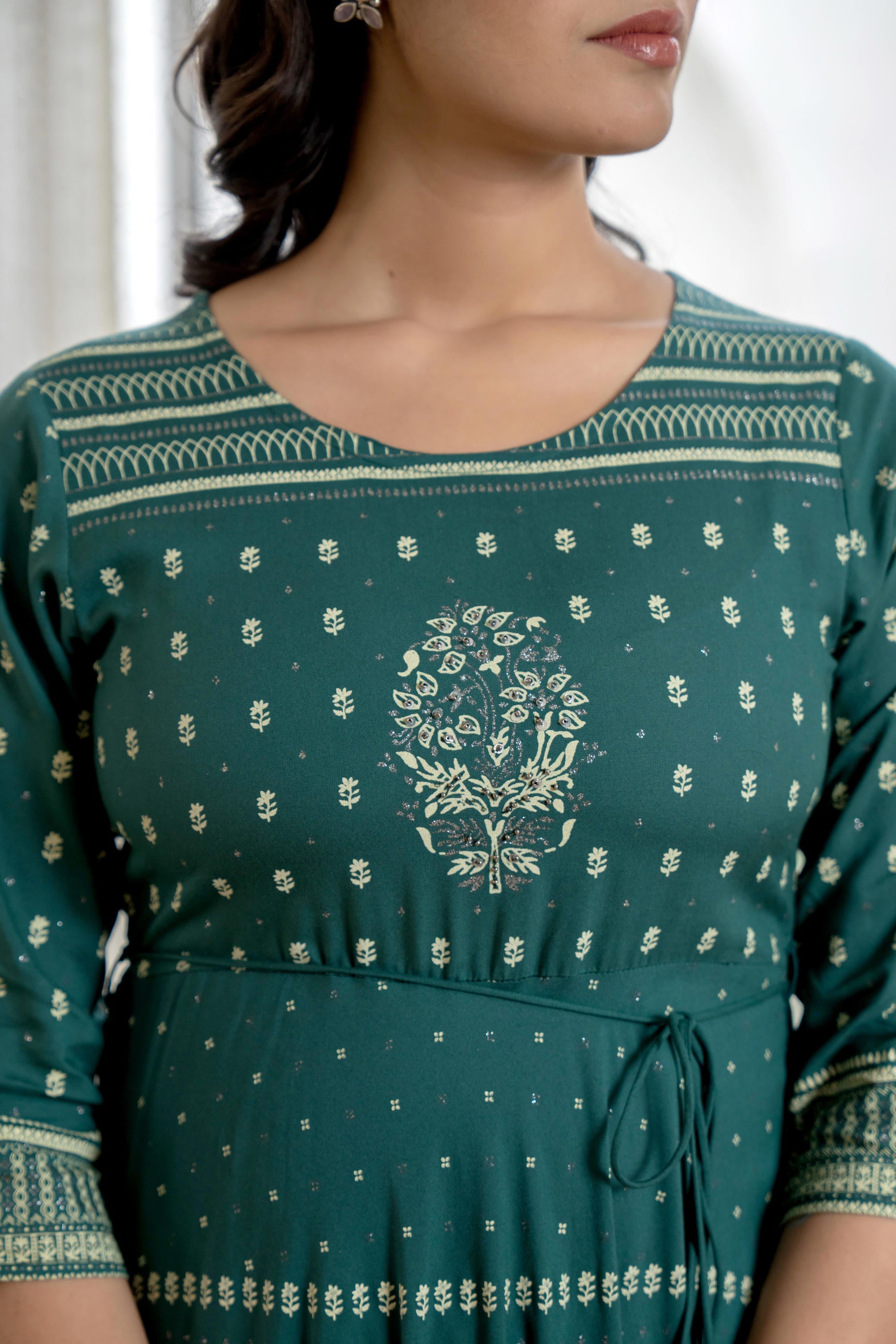 Green Ethnic Motif Printed Liva RayonDress With Sequins & Beads | Desi