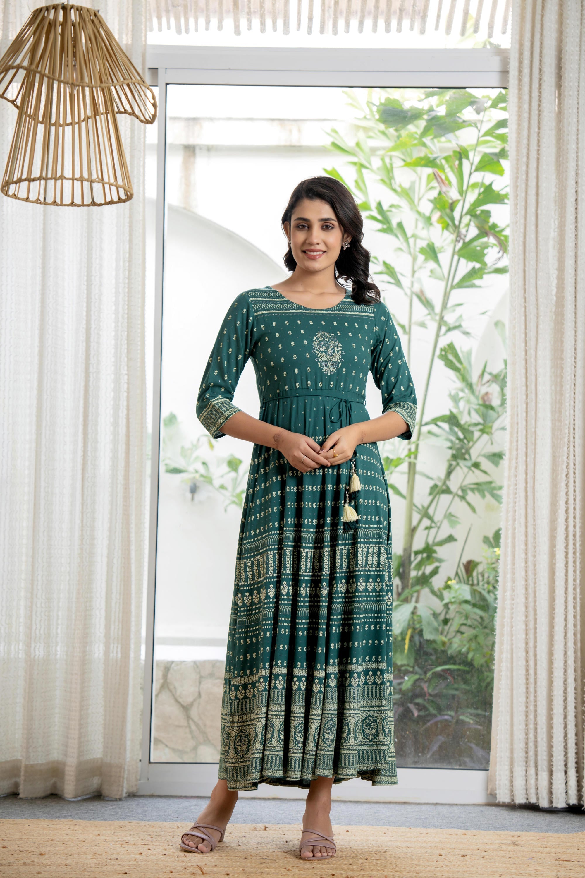 Green Ethnic Motif Printed Liva RayonDress With Sequins & Beads | Desi