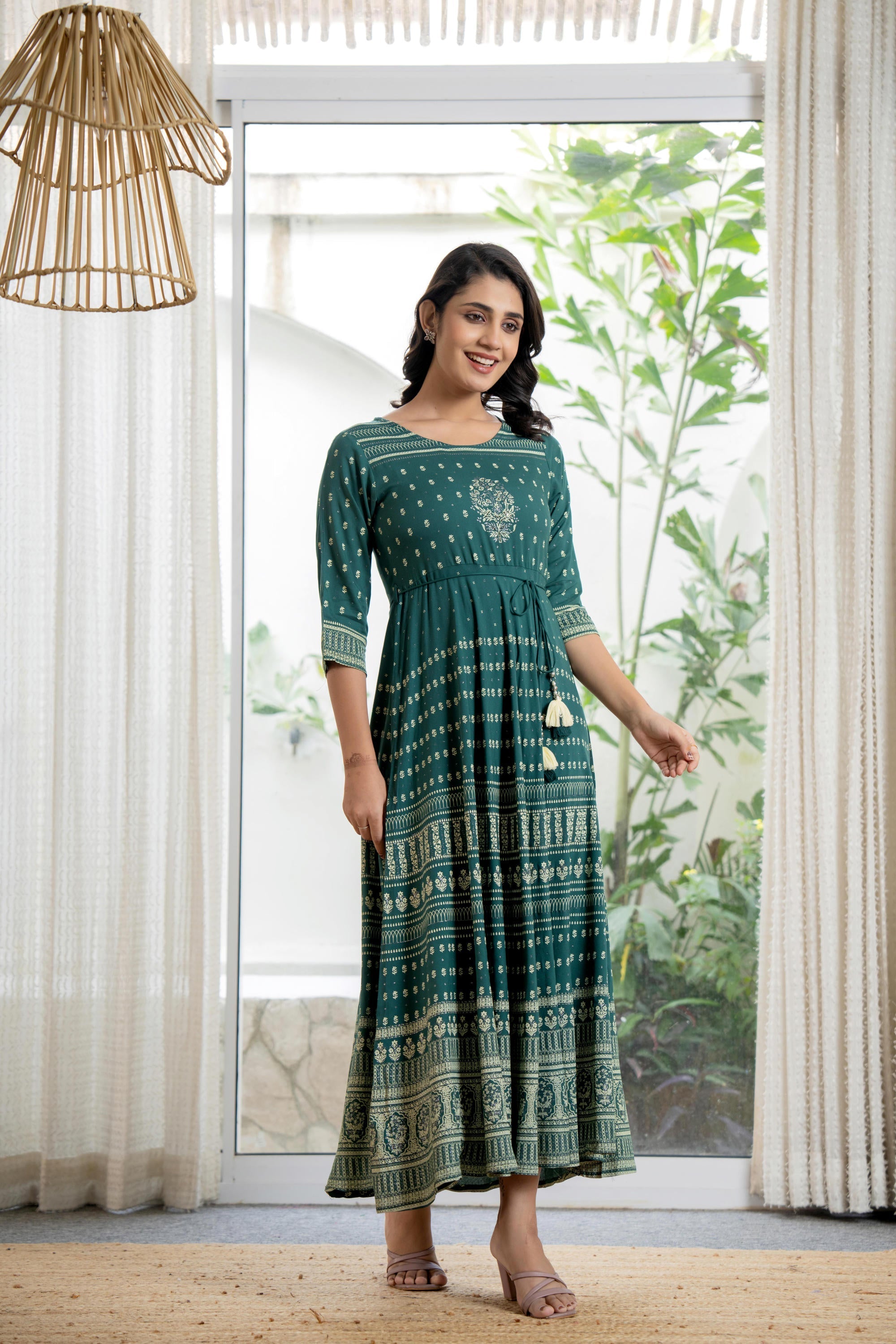 Green Ethnic Motif Printed Liva RayonDress With Sequins & Beads | Desi